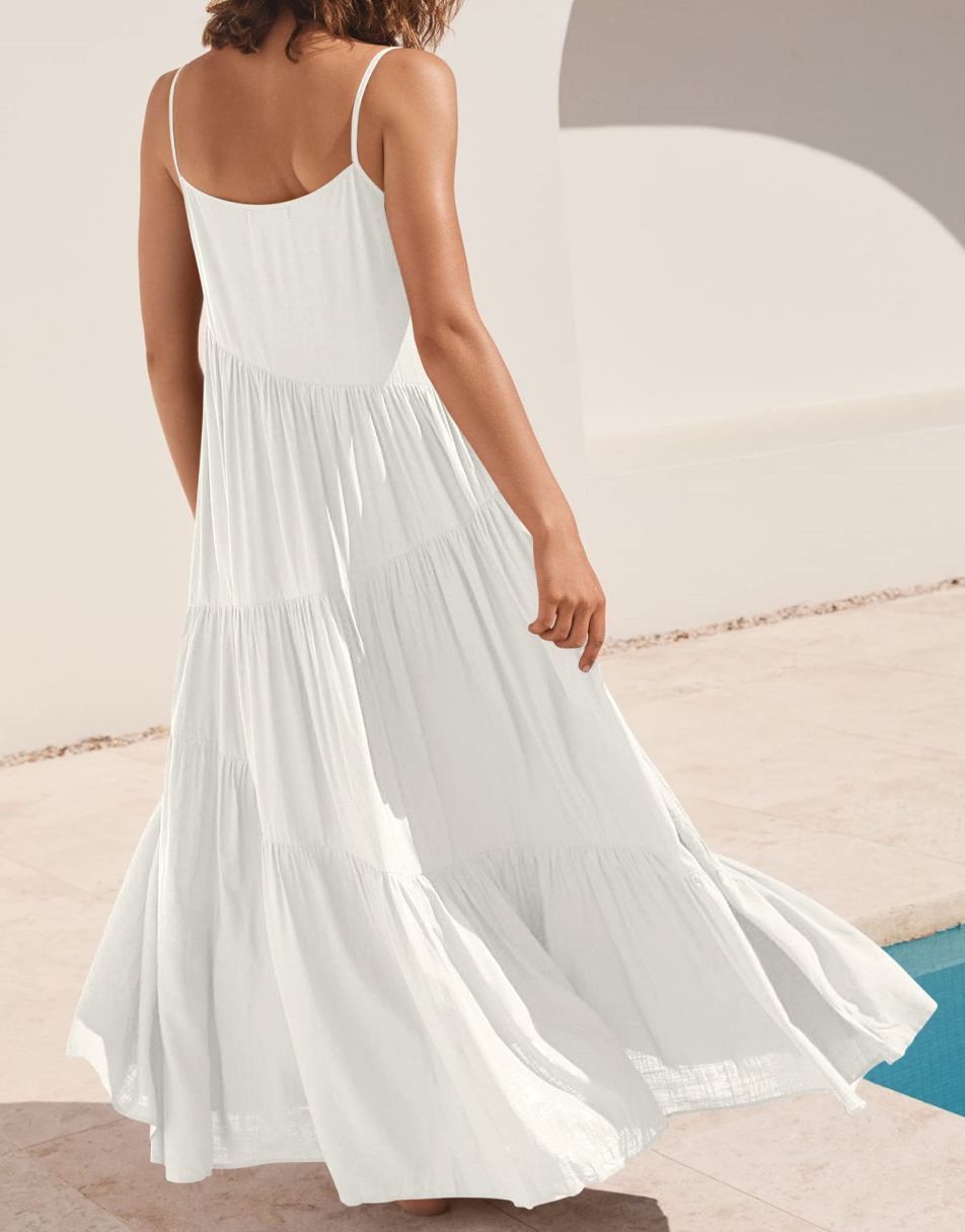 Spaghetti Strap Diagonal Tiered Flowy Maxi Dress