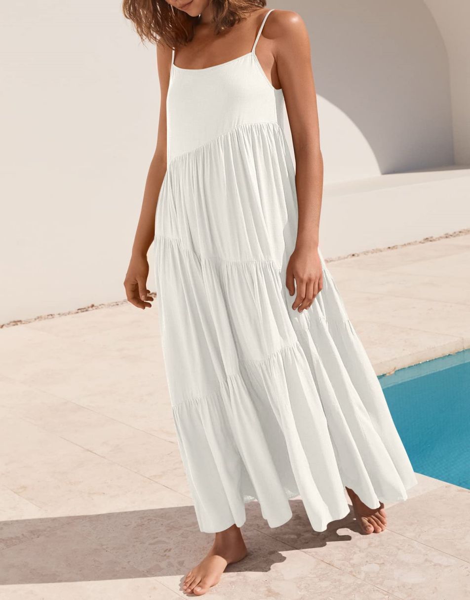 Spaghetti Strap Diagonal Tiered Flowy Maxi Dress