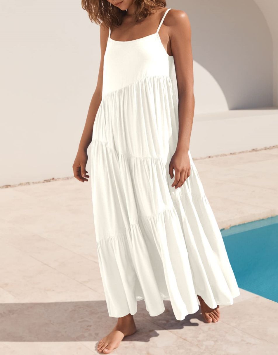 Spaghetti Strap Diagonal Tiered Flowy Maxi Dress