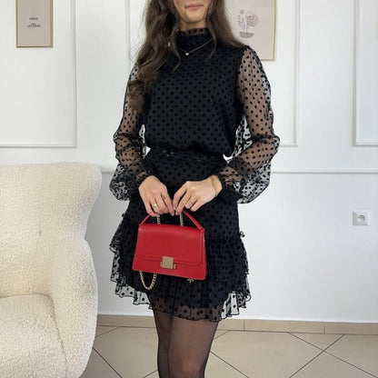Polka Dot Mesh Mock Neck Balloon Sleeve Tiered Ruffle Mini Dress