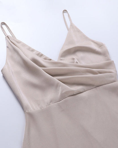 Deep V Neck Spaghetti Strap Ruched Wrap High Slit Satin Maxi Dress