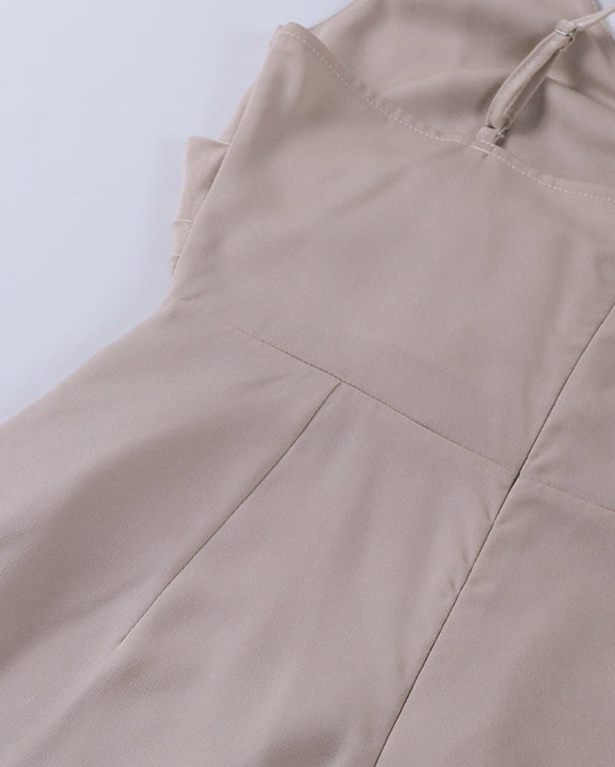 Deep V Neck Spaghetti Strap Ruched Wrap High Slit Satin Maxi Dress
