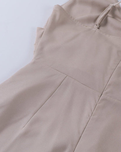 Deep V Neck Spaghetti Strap Ruched Wrap High Slit Satin Maxi Dress