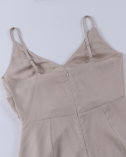 Deep V Neck Spaghetti Strap Ruched Wrap High Slit Satin Maxi Dress