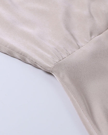 Deep V Neck Spaghetti Strap Ruched Wrap High Slit Satin Maxi Dress