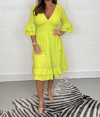 Eyelet Lace V-Neck Smocked Waist Tiered Ruffle Sleeve Midi Dress