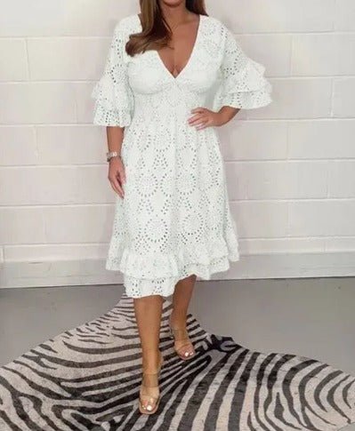 Eyelet Lace V-Neck Smocked Waist Tiered Ruffle Sleeve Midi Dress