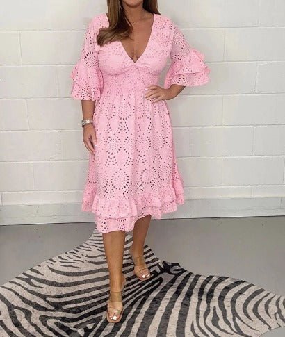 Eyelet Lace V-Neck Smocked Waist Tiered Ruffle Sleeve Midi Dress