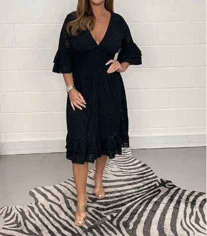 Eyelet Lace V-Neck Smocked Waist Tiered Ruffle Sleeve Midi Dress