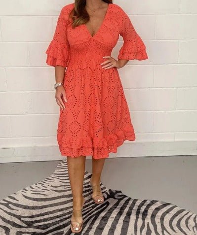 Eyelet Lace V-Neck Smocked Waist Tiered Ruffle Sleeve Midi Dress
