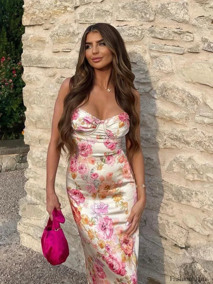 Spaghetti Strap Floral Print Party Dress Elegant Bodycon Floral Dress