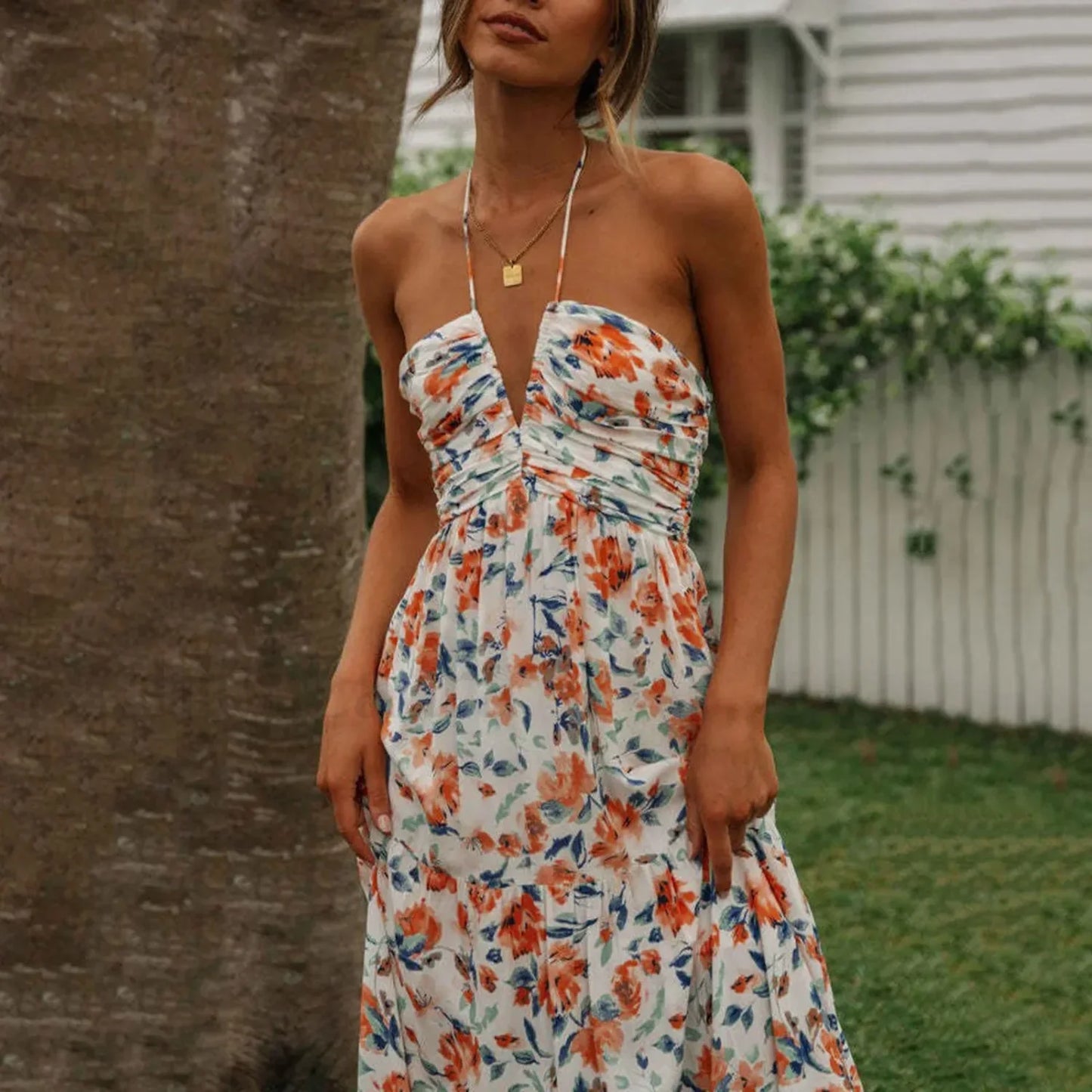 Spaghetti Strap V-neck Floral Dress