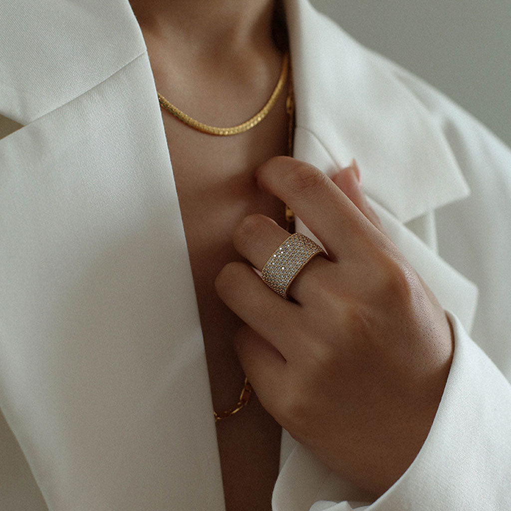 18K Gold Plated Cubic Zirconia Square Cigar Band Ring