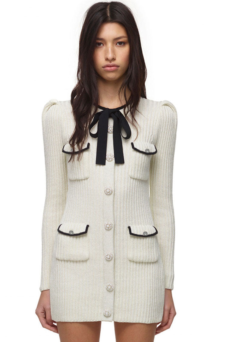 Diamond Quilt Ribbed Knit Long Sleeve Bow V-Neck Rhinestone Button Mini Dress