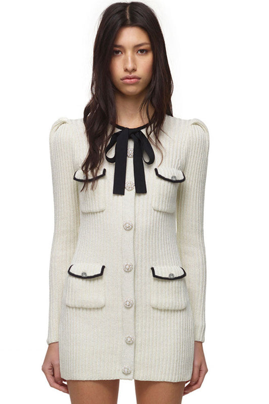 Diamond Quilt Ribbed Knit Long Sleeve Bow V-Neck Rhinestone Button Mini Dress