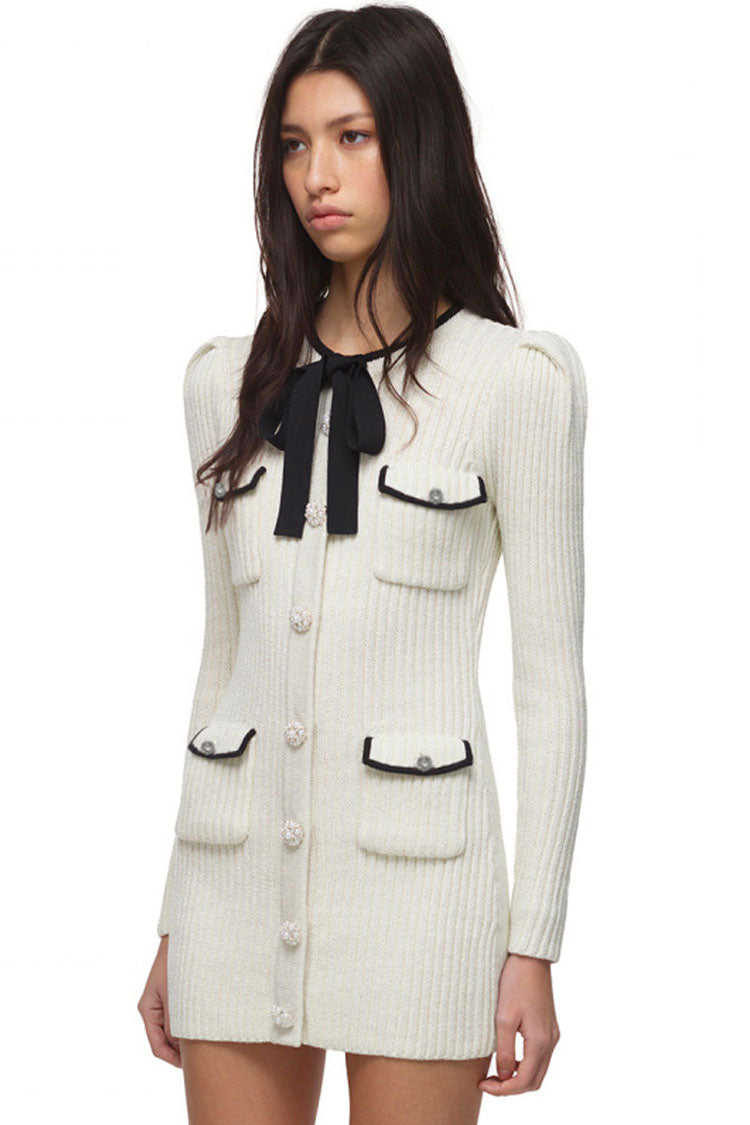 Diamond Quilt Ribbed Knit Long Sleeve Bow V-Neck Rhinestone Button Mini Dress