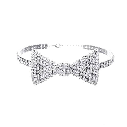 Crystal Bow Detail Choker Necklace - Silver