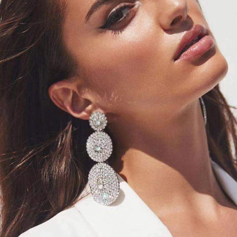 Crystal Circle Triple Drop Earrings Silver