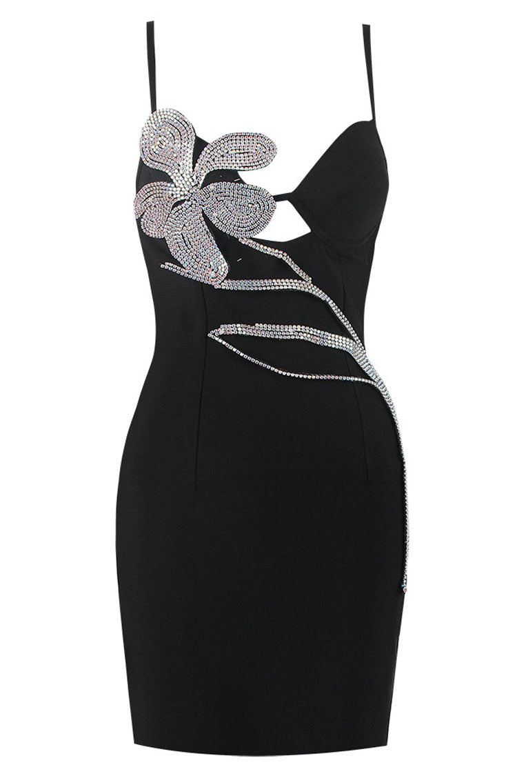 Rhinestone Floral Vine Embellished Bandage Spaghetti Strap Bodycon Mini Dress