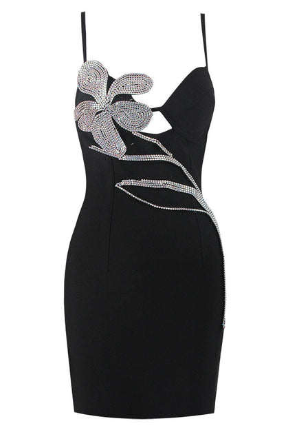 Rhinestone Floral Vine Embellished Bandage Spaghetti Strap Bodycon Mini Dress