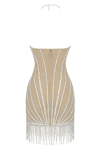 Rhinestone Fringe Trim Halter Neck Mesh Illusion Bodycon Mini Dress