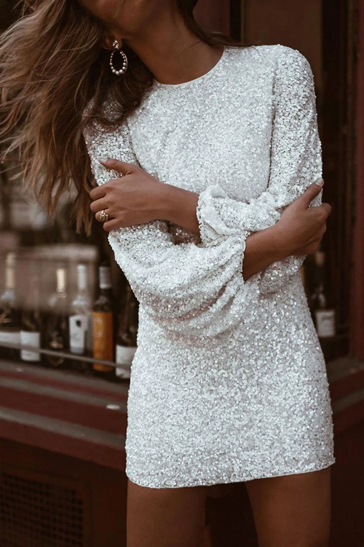 Sequin Long Sleeve Ruffle Cuff Shift Mini Dress