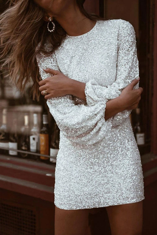 Sequin Long Sleeve Ruffle Cuff Shift Mini Dress