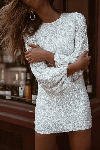 Round Neck Long Puff Sleeve All-Over Sequin Bodycon Mini Dress