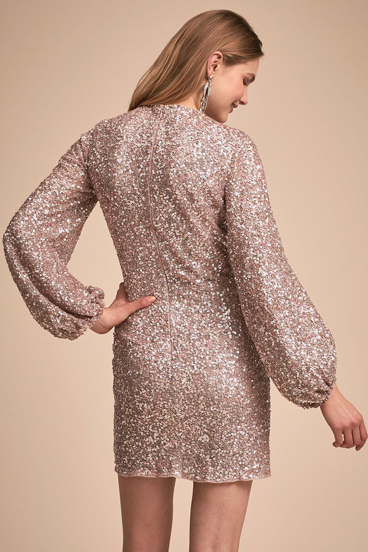 Sequin Long Sleeve Ruffle Cuff Shift Mini Dress
