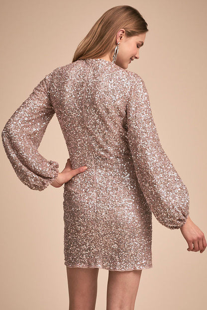 Round Neck Long Puff Sleeve All-Over Sequin Bodycon Mini Dress