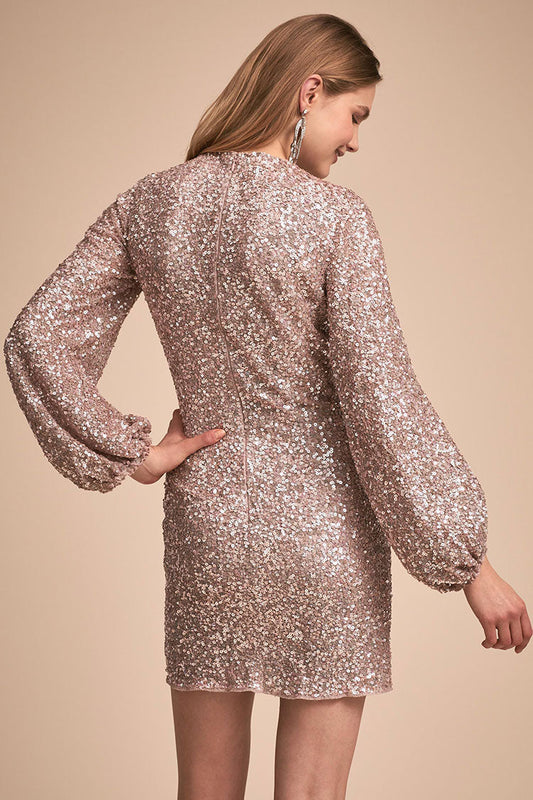 Round Neck Long Puff Sleeve All-Over Sequin Bodycon Mini Dress