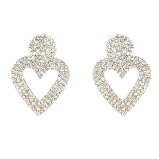 Heart Shape Drop Earrings with Sparkly Crystal Details - Silver