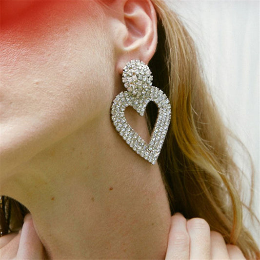 Heart Shape Drop Earrings with Sparkly Crystal Details - Silver