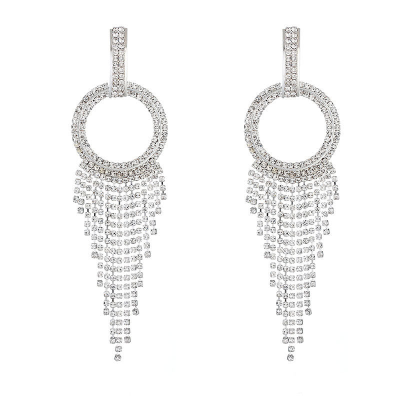 Sparkly Crystal Hoop Fringe Dangle Earrings - Silver