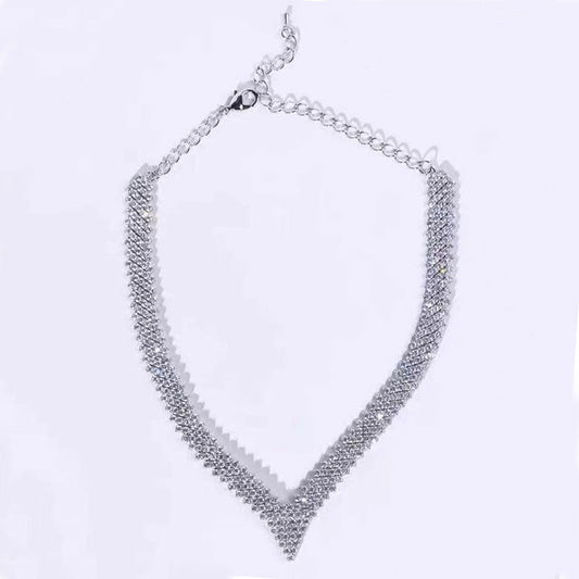 Sparkly V Shaped Rhinestone Collar Necklace - Silver