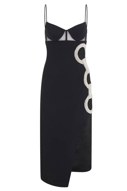 Spaghetti Strap Corset Bodice Rhinestone Link Cutout Midi Dress