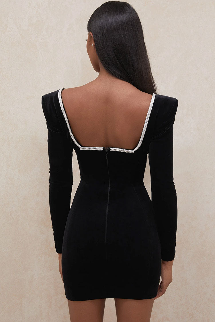 Rhinestone Trim Plunging V-Neck Padded Shoulder Velvet Mini Dress