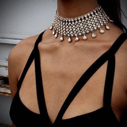 Rhinestone Fringe Choker Necklace - Gold