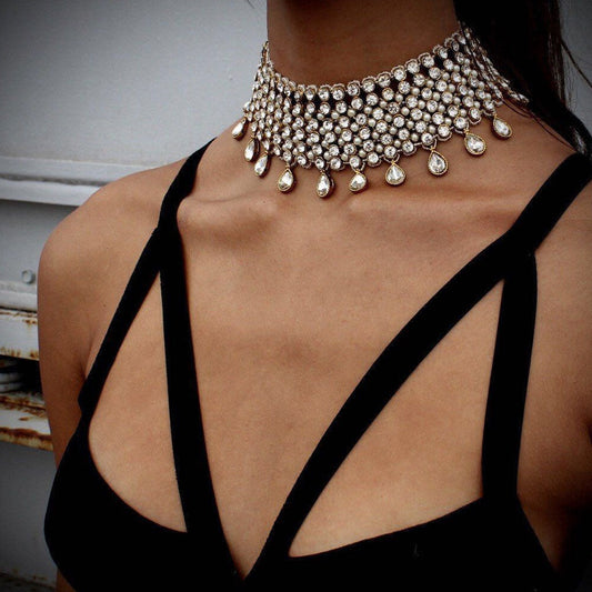 Rhinestone Fringe Choker Necklace - Gold