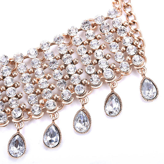 Rhinestone Fringe Choker Necklace - Gold