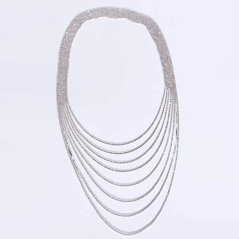 Rhinestone Tassel Layered Backdrop Necklace - Silver