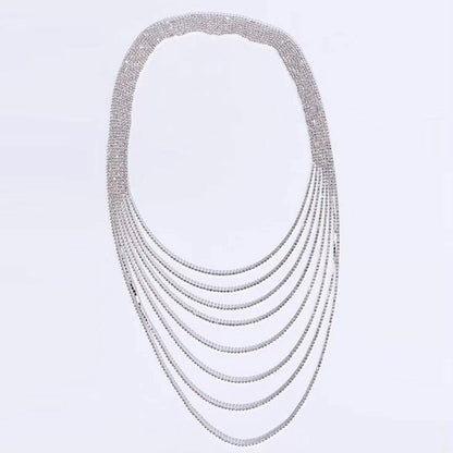 Rhinestone Tassel Layered Backdrop Necklace - Silver