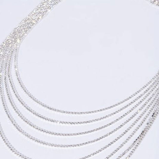 Rhinestone Tassel Layered Backdrop Necklace - Silver
