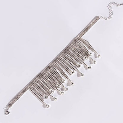 Rhinestone Waterfall Fringe Choker Necklace - Silver