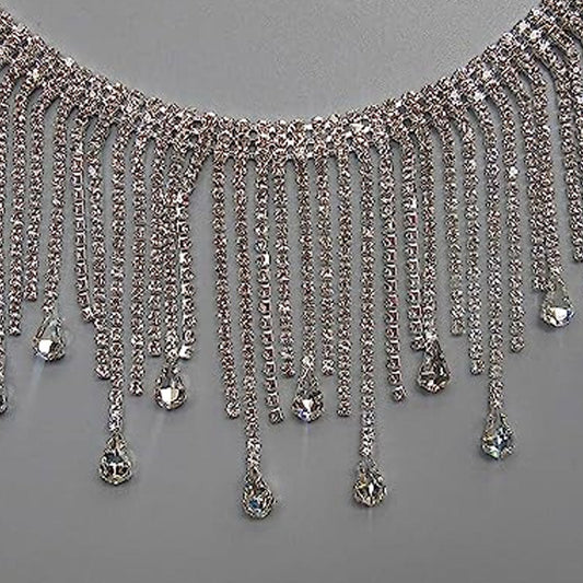 Rhinestone Waterfall Fringe Choker Necklace - Silver