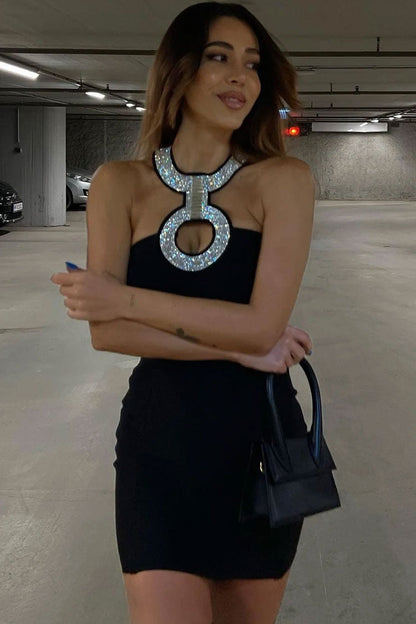 Rhinestone Halter Keyhole Cutout Paneled Bodycon Mini Dress