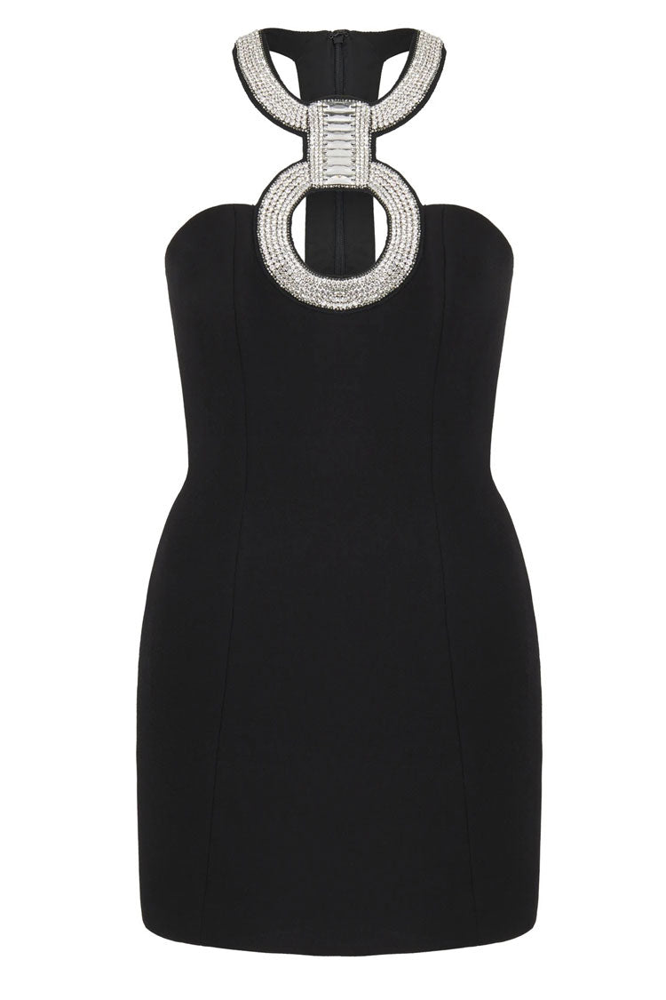 Rhinestone Halter Keyhole Cutout Paneled Bodycon Mini Dress