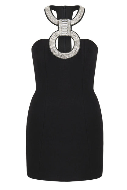 Rhinestone Halter Keyhole Cutout Paneled Bodycon Mini Dress