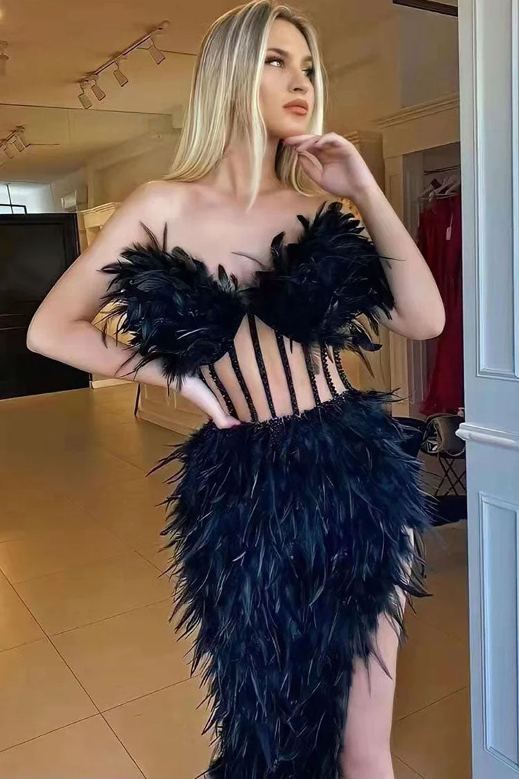Rhinestone Strapless Sheer Corset Bodice Feather Trim Asymmetrical Hem Midi Dress