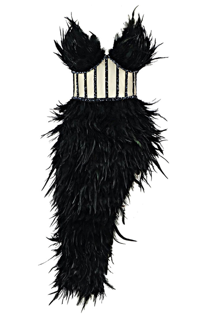 Rhinestone Strapless Sheer Corset Bodice Feather Trim Asymmetrical Hem Midi Dress